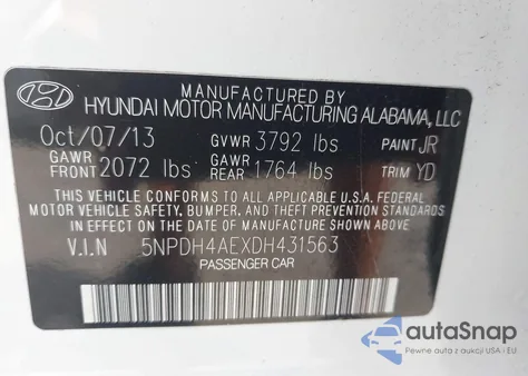 2013 Hyundai Elantra Gls z USA, uszkodzony, nr VIN 5NPDH4AEXDH431563